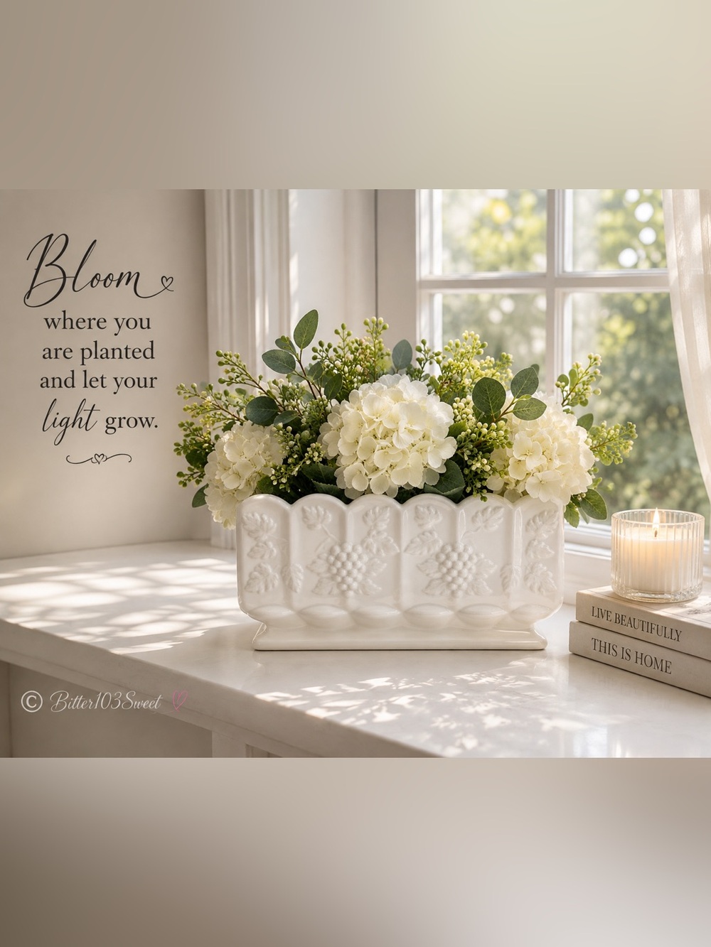 Elegant White Ceramic Floral Planter | Grapevine Design Vase